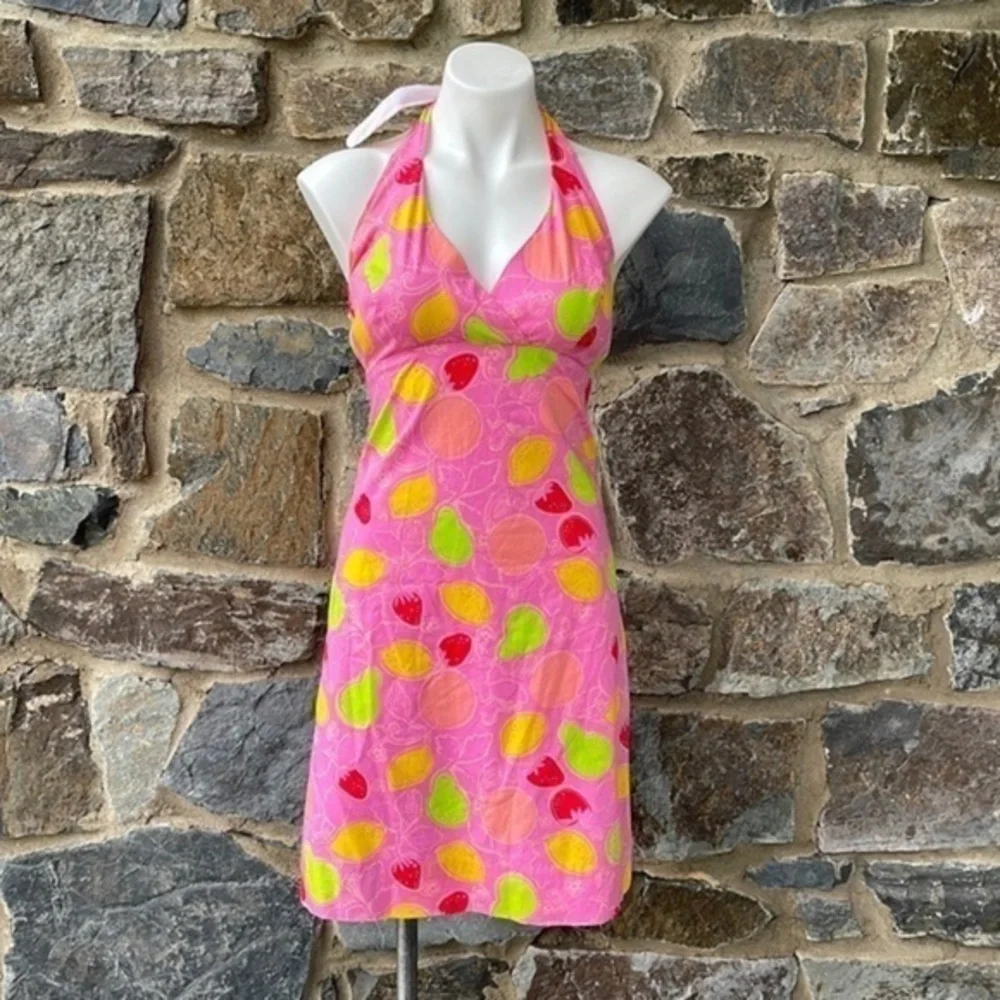 Lilly Pulitzer white label Anna halter Dress - Hibiscus Pink, lemon print size 4